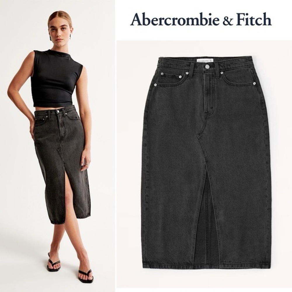 Abercrombie & Fitch Denim Midi Skirt Black High Rise Sz 4P front slit grey